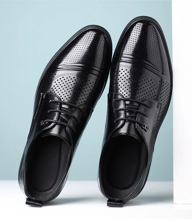 Men's Summer Breathable Leather Shoes Hollow out Fashionable Slip-On Comfortable Anti-Slip Soft Bottom Derby Shoes-SJ2501-1