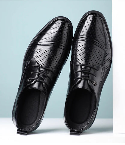 Men's Summer Breathable Leather Shoes Hollow out Fashionable Slip-On Comfortable Anti-Slip Soft Bottom Derby Shoes-SJ2501-1