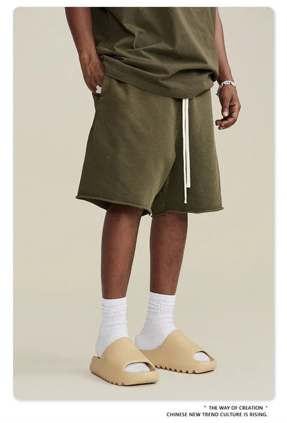 New Summer Men Retro Washed Shorts Unisex Drawstring Loose Edge 420gsm Solid Knee Length Cotton Pants Streetwears HY0589