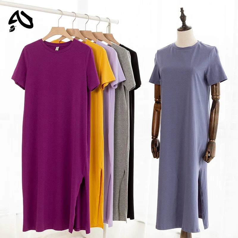 Original Casual 94% Cotton Summer Women's Dresses Solid Short Sleeve Spilt Long Midi Dress Fashion Sundress Female Clothing