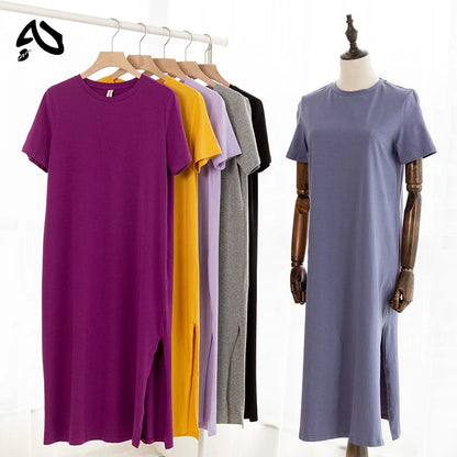 Original Casual 94% Cotton Summer Women's Dresses Solid Short Sleeve Spilt Long Midi Dress Fashion Sundress Female Clothing