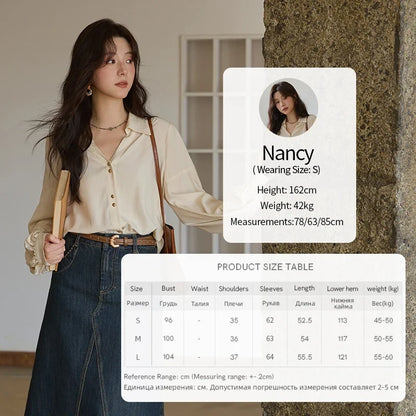 Women's Shirt Lantern Sleeve Hollow Out Tops 2025 Autumn Single Breasted Solid Shirts Lapel Shirt Office Lady MXE41C2359