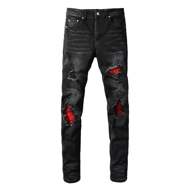 Men's Cracked Red Pleated Patch Biker Jeans Streetwear Patchwork Stretch Denim Pants Skinny Tapered Black Trousers