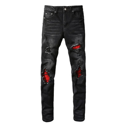 Men's Cracked Red Pleated Patch Biker Jeans Streetwear Patchwork Stretch Denim Pants Skinny Tapered Black Trousers