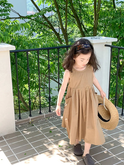 2026 New Summer Children Girls Sleeveless Dress Teen Solid Color Cotton Loose Casual Sundress Kids Vacation Style Princess Dress