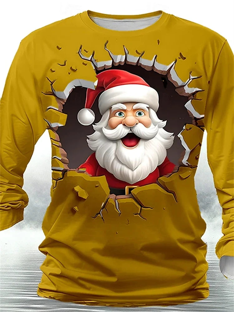 New Fun Christmas Long Sleeve T-Shirt Santa Claus Pattern Sweatshirt Men Role Play Pullover Boys Round Neck Polyester Sweatshirt
