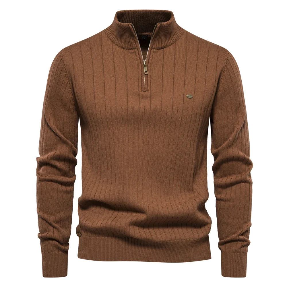 2024 Autumn Quarter Zipper Mock Neck Pullover Sweaters for Men Quality Warm Winter Cotton Knitted Men's Sweaters