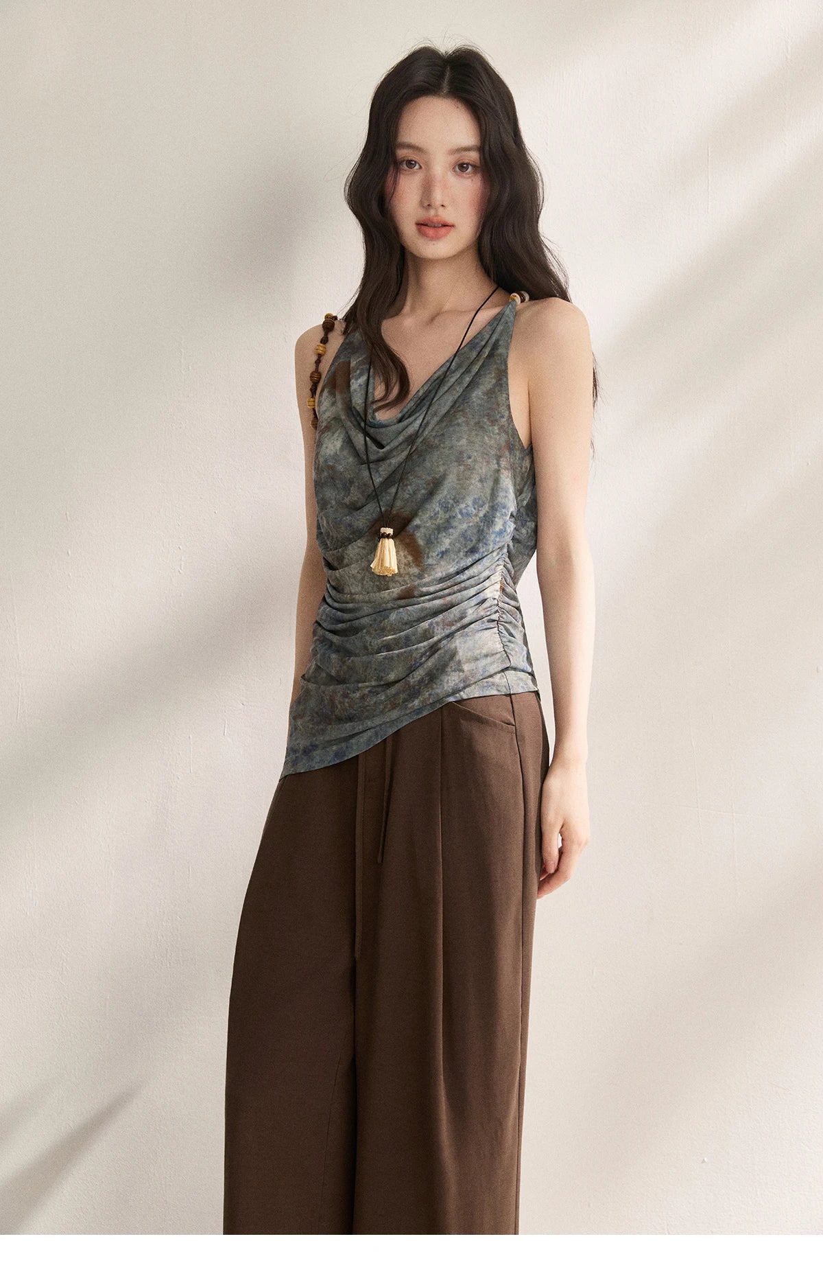 Women Blue Handmade Tie-Dye Tank Top 2026 Summer New Cowl Neck Ruched Waist Irregular Hem Slim Casual Vest MXF22D2372