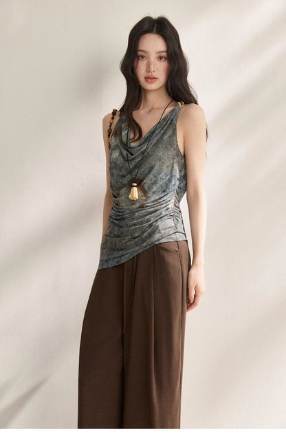 Women Blue Handmade Tie-Dye Tank Top 2026 Summer New Cowl Neck Ruched Waist Irregular Hem Slim Casual Vest MXF22D2372