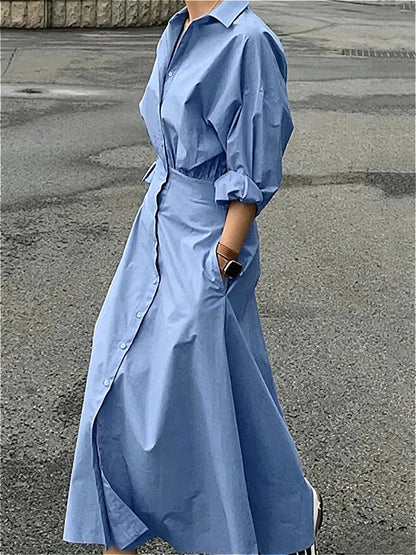 Modigirl Women Casual Long Shirts Dresses 2025 Summer Spring Clothes Khaki Puff Sleeves Botton Simple Maxi Dresses for Women