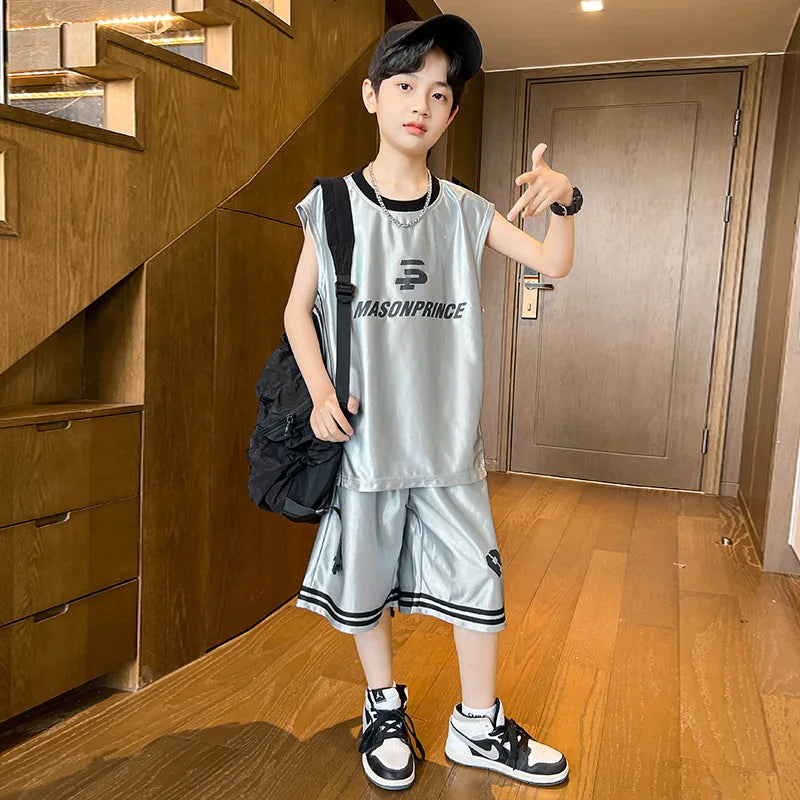 Summer Boys Quick-dry Glossy Alphabet T-Shirt Top+Shorts Sportswear Set School Kids 2PCS Tracksuit Children Jersey Outfit 5-16Yr