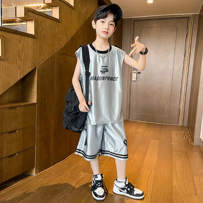 Summer Boys Quick-dry Glossy Alphabet T-Shirt Top+Shorts Sportswear Set School Kids 2PCS Tracksuit Children Jersey Outfit 5-16Yr