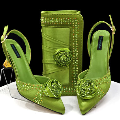 Sparkling Rhinestone Rose Pumps With Medium Heel for Nigerian Women's Party, Pointed Toe Shoes and Matching Bags