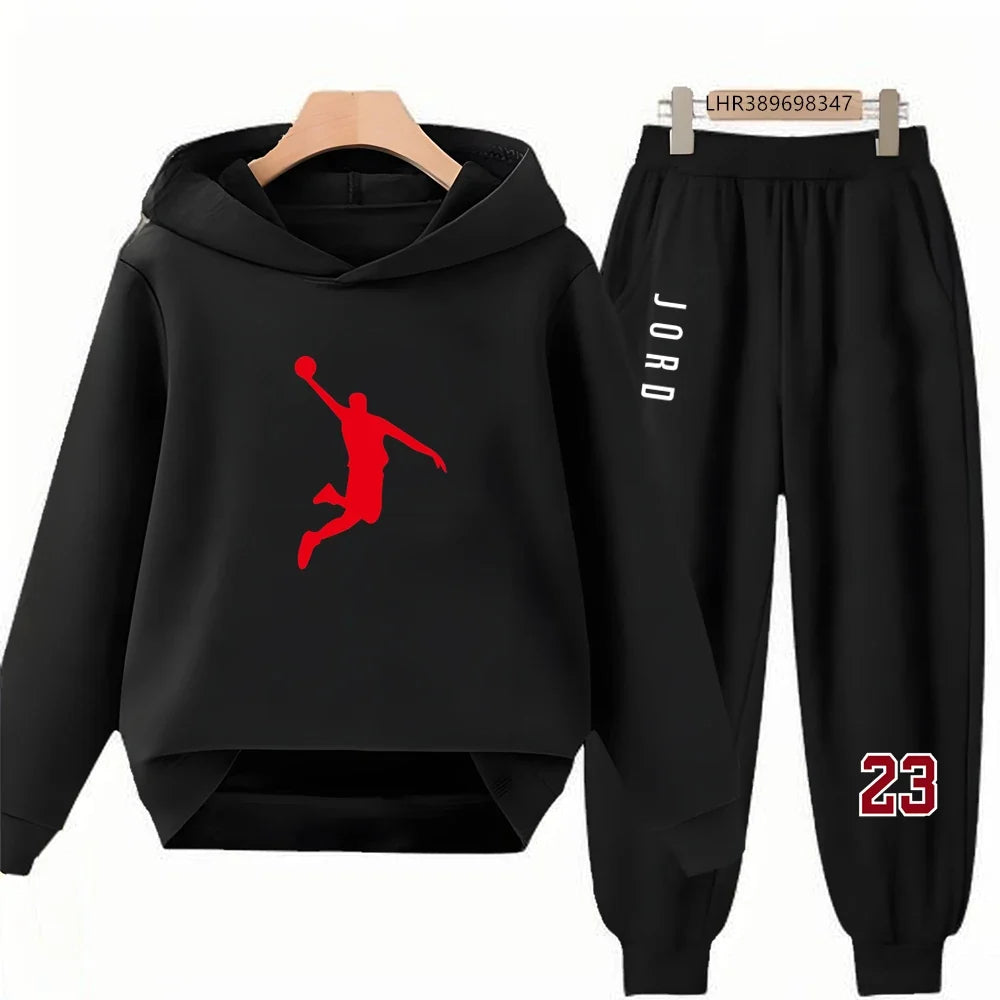 Black 3-12 Years Children's Hoodie+Pants Suit White Girl Sweatshirt Sets Boys Pants Suits Basketball Jersey Number 23 Clothing