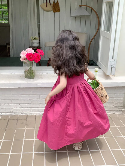 2026 New Summer Children Girls Sleeveless Dress Teen Solid Color Cotton Loose Casual Sundress Kids Vacation Style Princess Dress
