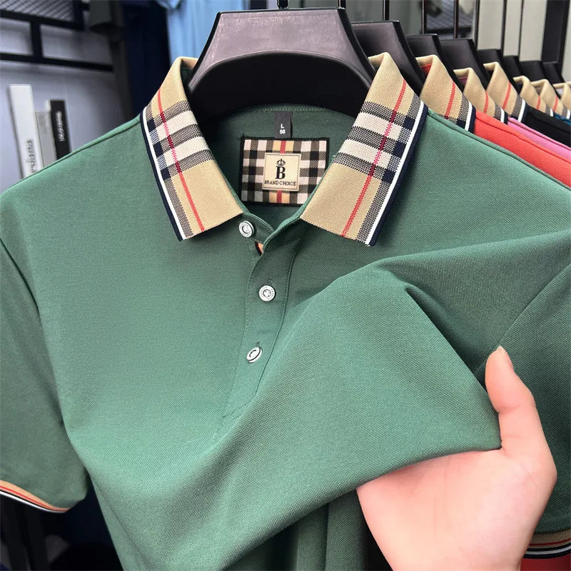 Fashion brand luxury short sleeve polo shirt men summer quality silky cotton breathable business casual striped collar T-shirt