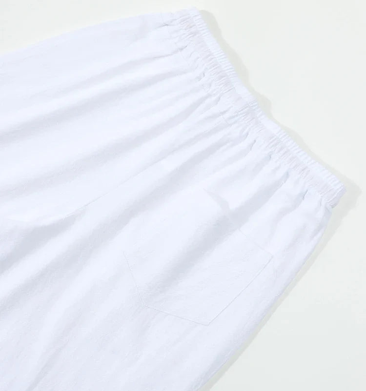 Men's Casual Cotton Linen Pants Drawstring Waist Side Button Decor Straight Leg Lightweight Breathable Summer Beach Trousers