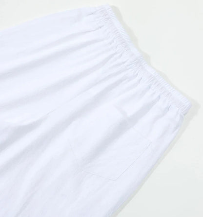 Men's Casual Cotton Linen Pants Drawstring Waist Side Button Decor Straight Leg Lightweight Breathable Summer Beach Trousers