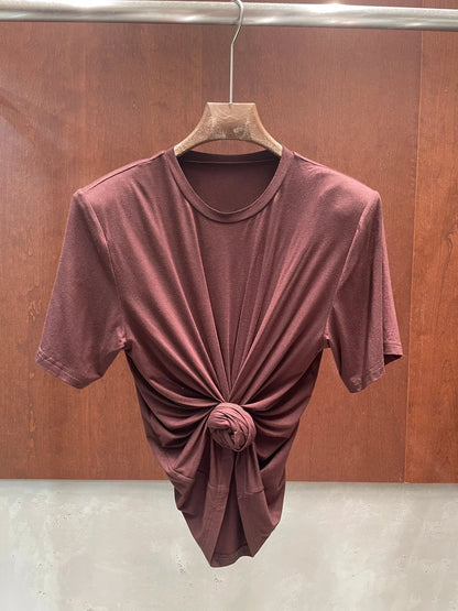 Y2K knotted twist knitted threaded round neck Top women fashionable and versatile navel padded shoulder short-sleeved T-shirt
