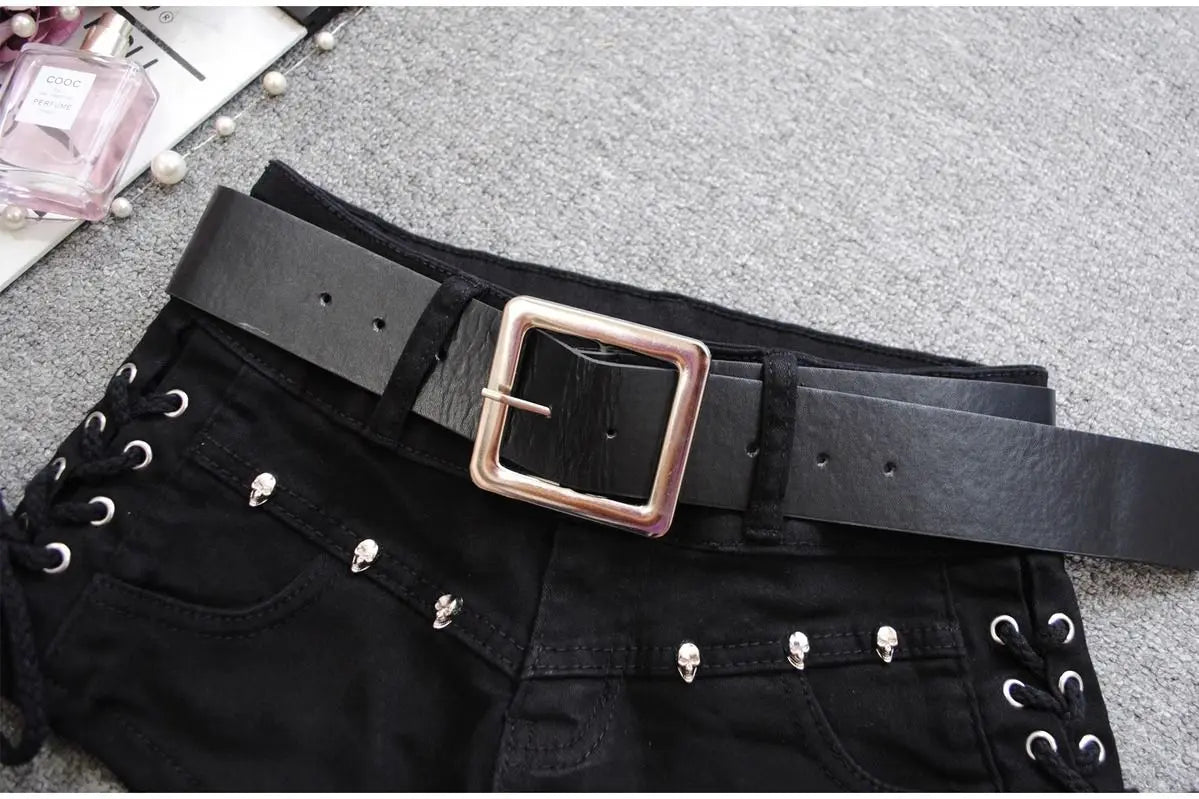 Korean Low Rise Denim Shorts 2024 - Riveted Lace Up Bodycon Black Hot Pants Vintage Cheeky Booty Summer TikTok Y2K Outfit