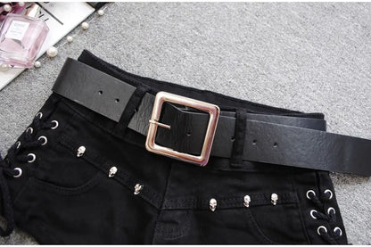 Korean Low Rise Denim Shorts 2024 - Riveted Lace Up Bodycon Black Hot Pants Vintage Cheeky Booty Summer TikTok Y2K Outfit