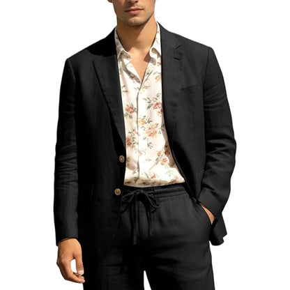 Men's Linen Suit 2 Piece Set Blazer & Drawstring Pants Business Casual Suit Jacket Trousers Summer Beach Wedding Formal Outfit