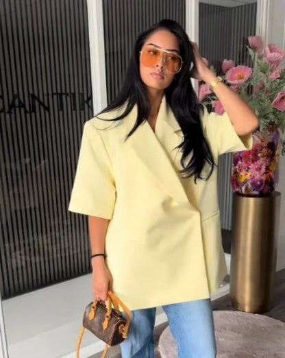 Ladies Loose Blazer Suit Solid Casual Turn Down Collar One Button Coat High Waist Shorts 2026 Summer Autumn Formal New Outfits