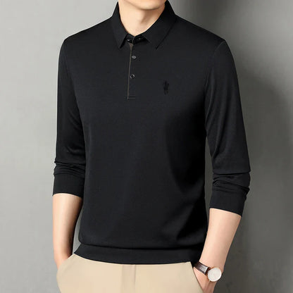 2025 Latest Autumn New Men's Long Sleeve Polo Shirt Middle Aged Business Comfortable Solid Color Men's Collar T-shirt