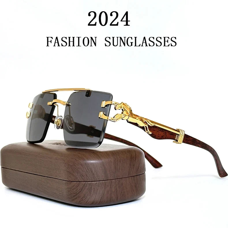 New In Sunglasses For Men Wooden Rimless Sunglasses Women  Vintage Square Fashion Glasses Luxe Gafas De Sol Hombre Zonnebril Sun