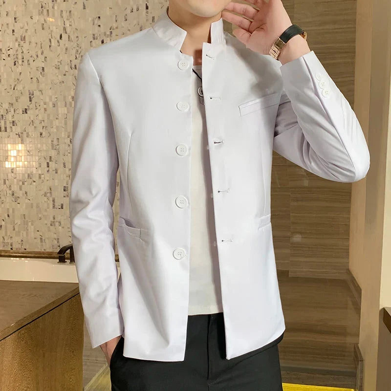 Men's Black Stand Up Collar Blazer Coat, Wedding Party Dress Jacket, Asia Sizes Slim-Fit Single Breasted Jaqueta, Blue Red Tops.