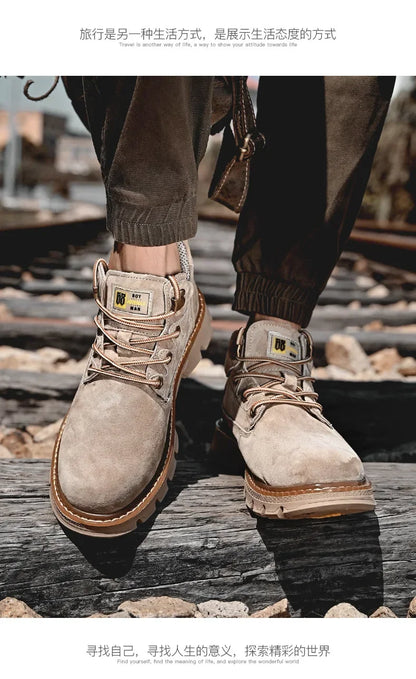 Men Genuine Leather Boots Men's English Style Thick Bottomed Work Clothes Shoes Winter Outdoor Mid Top Men's Boots