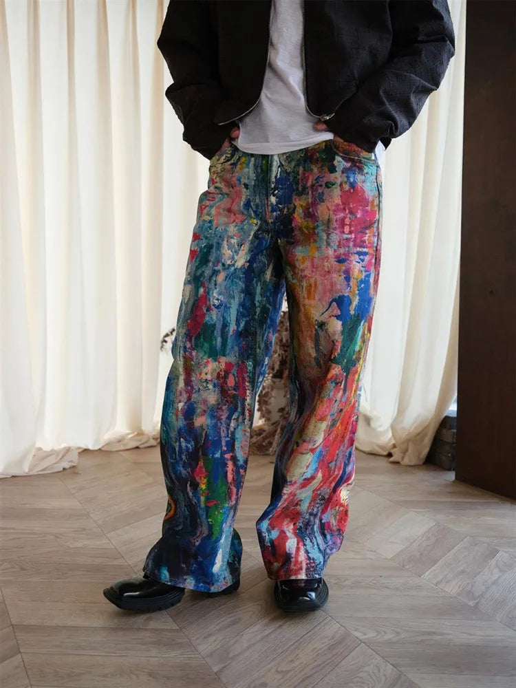2026 Ropa Y2K Streetwear Graffiti Painting Baggy Jeans Pants For Men Designer Clothes Colorblock Kanye Wide Leg Denim Trousers