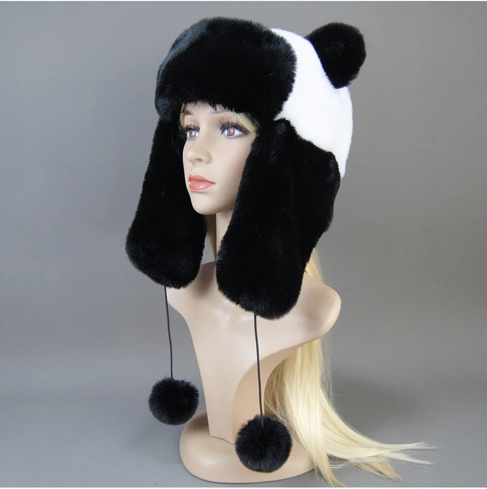 Hot Sale New Women False Rex  Rabbit False Fur Hat Winter Warm Fur Hat Black and White Panda Cute Color Artificial Hat
