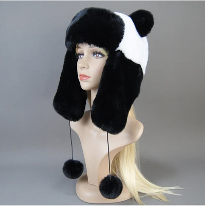 Hot Sale New Women False Rex  Rabbit False Fur Hat Winter Warm Fur Hat Black and White Panda Cute Color Artificial Hat