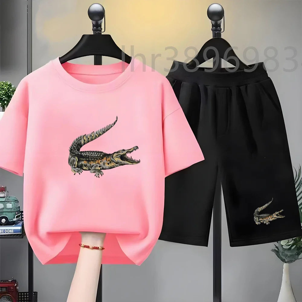 Summer Tees African crocodile print Set Suitable Children Short Sleeve Age 3-12 Girls boy Set Tshirt+Shorts 2pcs Kids clothing