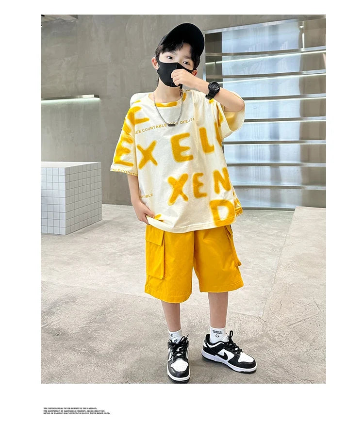 New Fashion Tween Boys Summer Sets Clothing Kids Cotton T-shirt Shorts 2 Pieces Tracksuit Age 5 6 7 8 9 10 11 12 13 14 Years Old