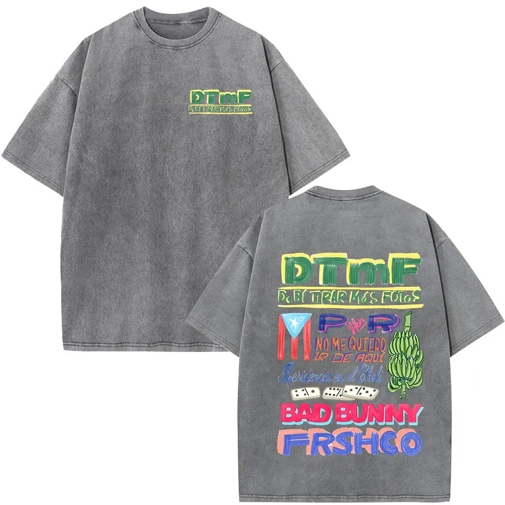 Washed Vintage Rapper Bad Bunny T-shirt Debi Tirar Mas Fotos DTMF World Tour Album T Shirts Men Women Fashion Hip Hop T-shirts