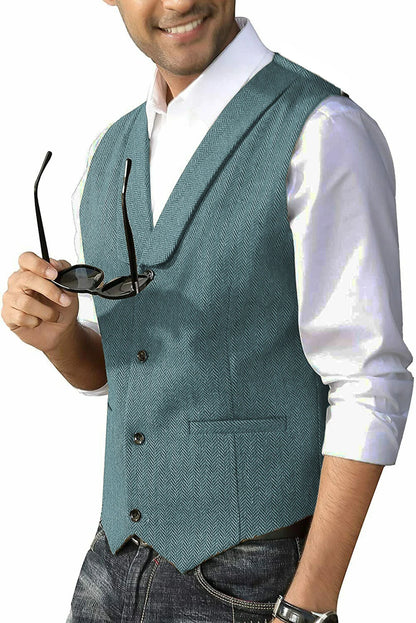 Men's Casual Suit Vest Shawl Lapel Wool Tweed Herringbone Dress Waistcoat for Wedding Party Dinner Herringbone Vests