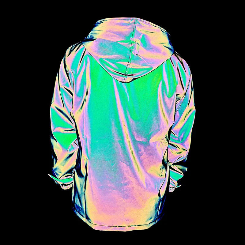 Men's Night Reflective Windproof Hooded Jacket Hip-hop Streetwear Couple Trend Coat for Outdoor Cycling Jogging Safety Clothing