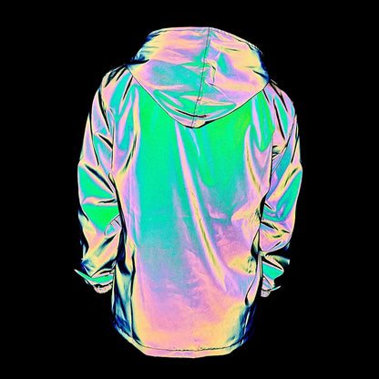 Men's Night Reflective Windproof Hooded Jacket Hip-hop Streetwear Couple Trend Coat for Outdoor Cycling Jogging Safety Clothing