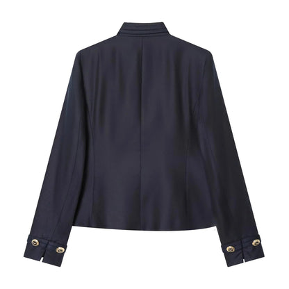 Elegant Casual Chic Women Blazer NavyBlue Buttons Stand Collar Slim Blazer Fashion 2026 Spring Summer Office Lady Blazer