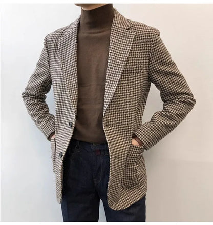Autumn and Winter Casual Men's Retro Tweed Houndstooth Suit Men's Plus Size Outwear British Gentleman Wool Suit Trendy
