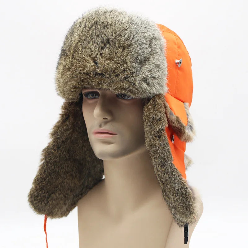 Sports Winter Fashion Trapper Hats Men Thick real Rex Rabbit Fur Bomber Cap with Warm Snow Ear Flap Hiking Hats for Outdoor