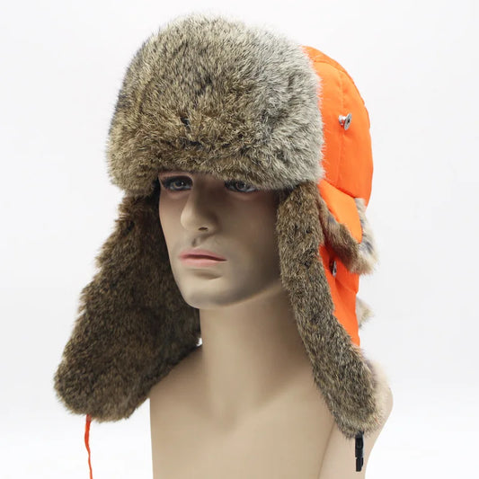 Sports Winter Fashion Trapper Hats Men Thick real Rex Rabbit Fur Bomber Cap with Warm Snow Ear Flap Hiking Hats for Outdoor