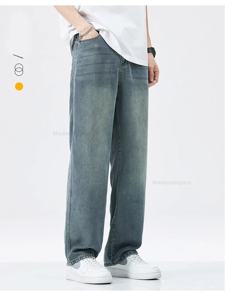 Stretch Jeans Men's 2024 New Lyocell Fabric High Quality Soft Loose Wide Pants Elastic Waist Casual Denim Trousers Streetwear