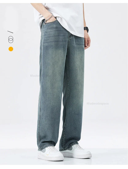 Stretch Jeans Men's 2024 New Lyocell Fabric High Quality Soft Loose Wide Pants Elastic Waist Casual Denim Trousers Streetwear