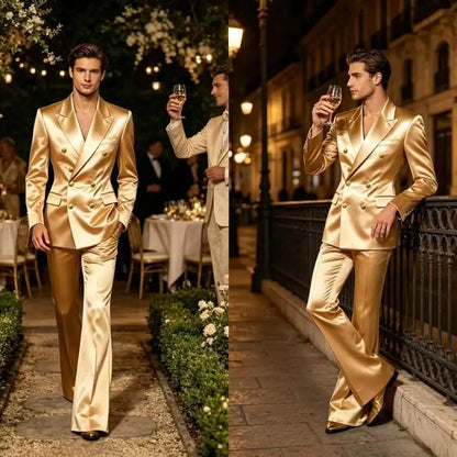 Men's Double Breasted Satin Suit Set 2 Piece Notch Lapel Gold Button Blazer Flare Pants Formal Wedding Prom Party Groom Outfit