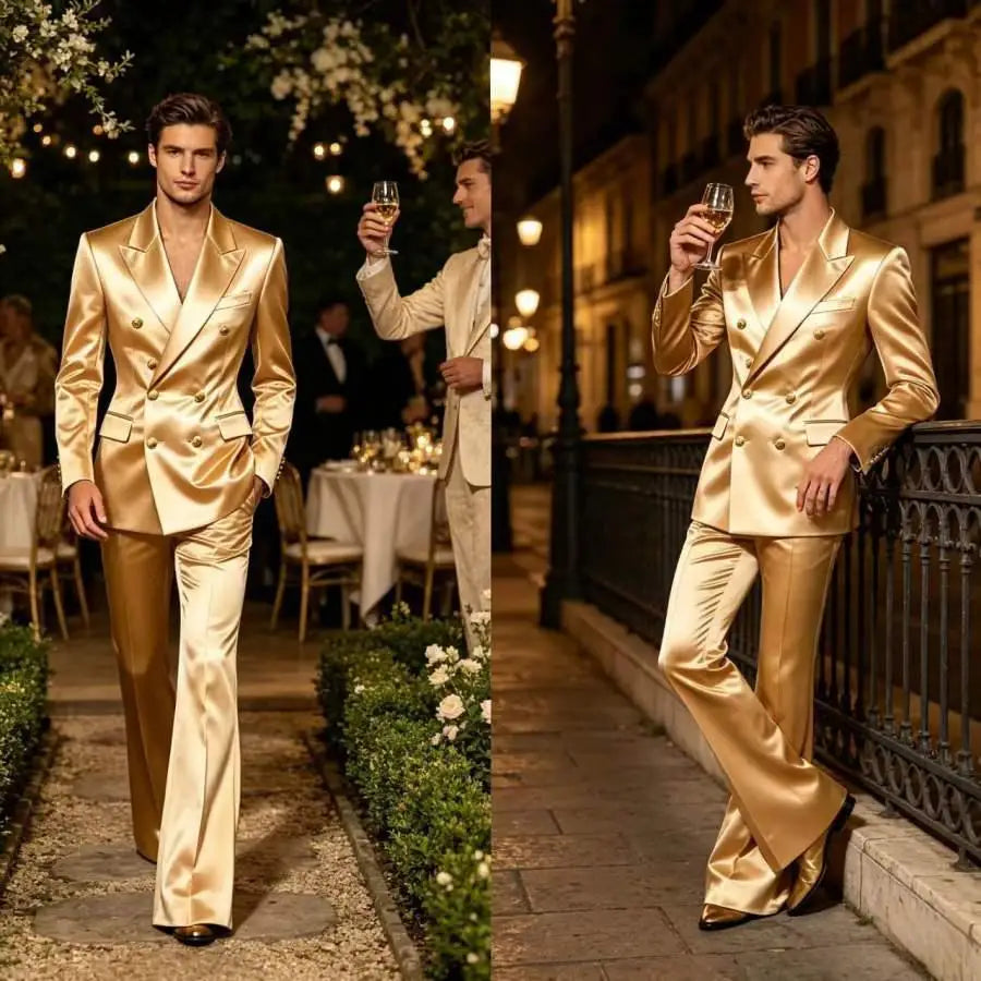 Men's Double Breasted Satin Suit Set 2 Piece Notch Lapel Gold Button Blazer Flare Pants Formal Wedding Prom Party Groom Outfit