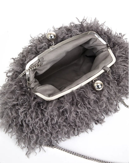 Women kisslock Faux Fur Clutch bag winter warm dark grey pouch frame clasp bag with chain crossbody