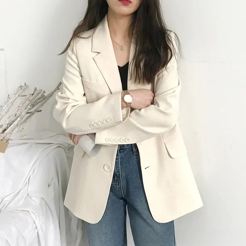 Elegant Casual Loose Long Sleeve Women's Small Suit Jacket Korean Style Spring Autumn Chic Polyester Fiber Button Decoration